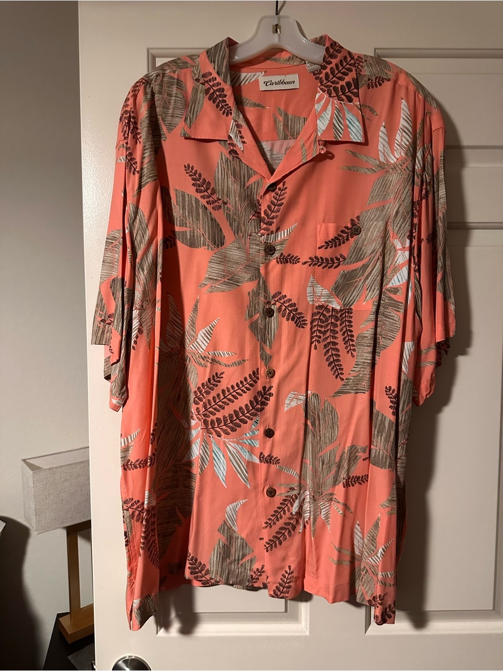 Caribbean Coral and Olive Tropical Leaf Button-Up Shirt